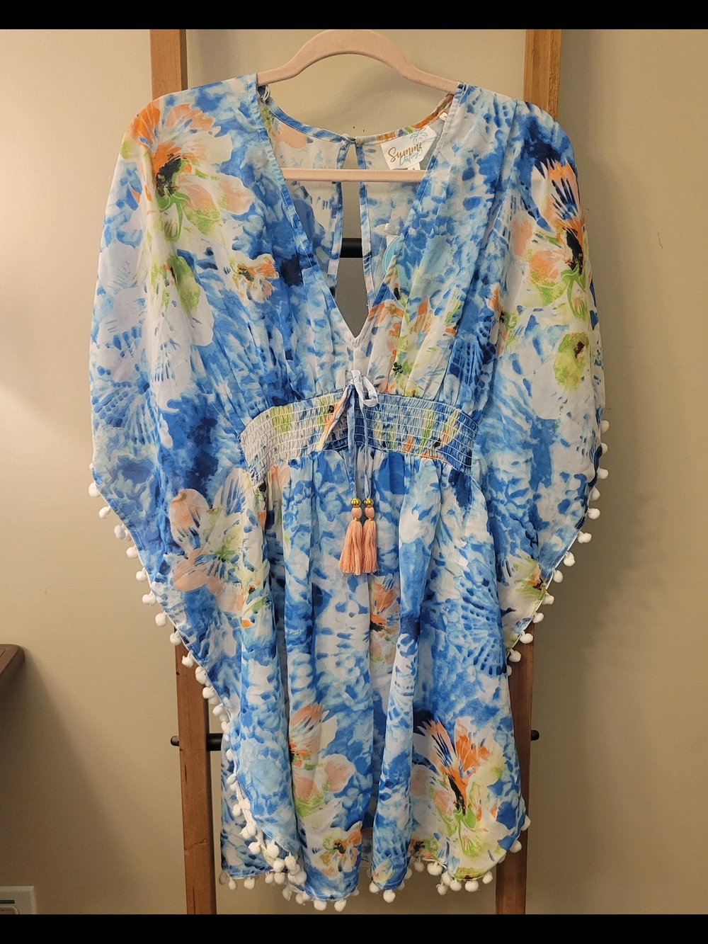 NEW! SUMMER DESTINY BLUE FLORAL POM-POM BEACH POOL  COVER UP WITH TASSLE TIE